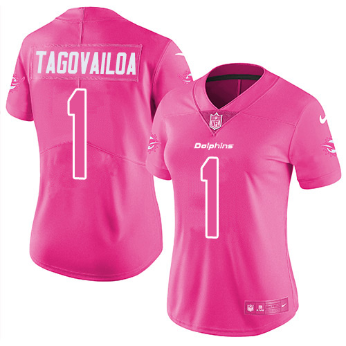 Nike Miami Dolphins 1 Tua Tagovailoa Pink Women Stitched NFL Limited Rush Fashion Jersey